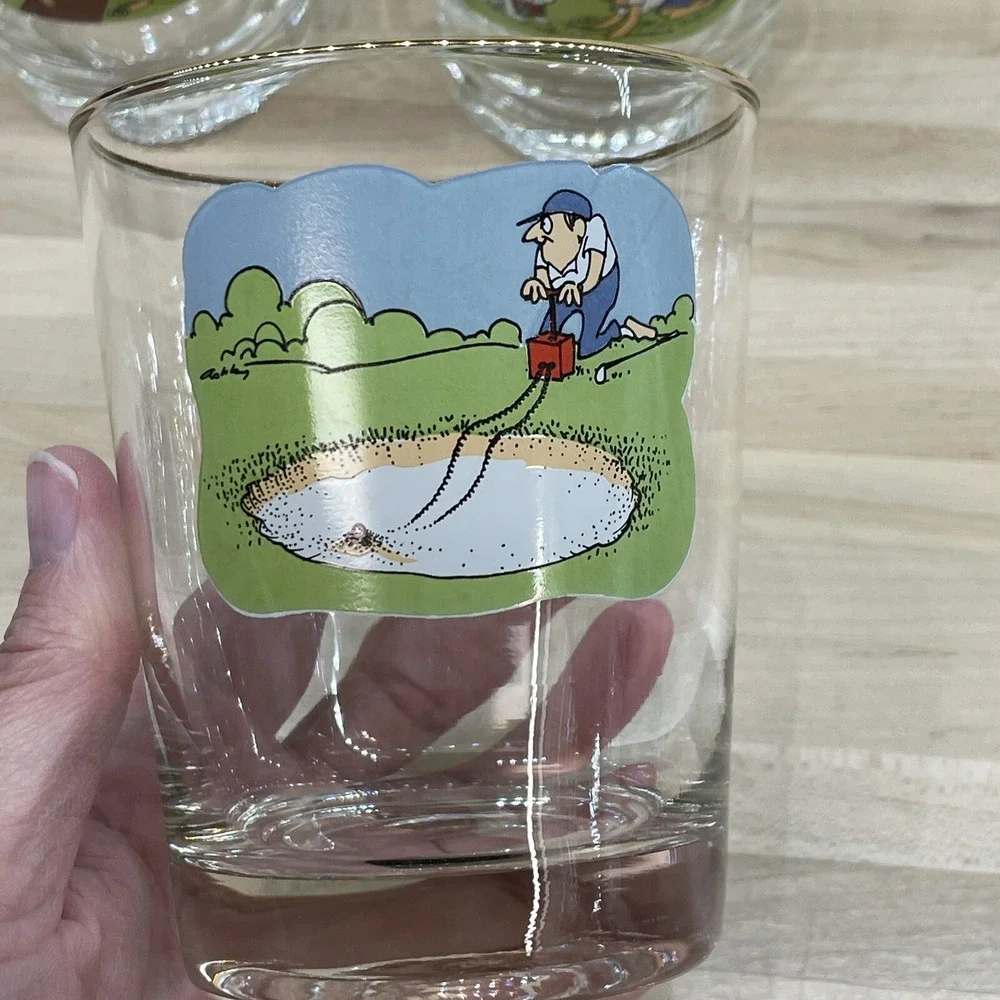 Vintage Ashby Glasses 8pc Golf Funny‎ Cartoon Low Ball Whiskey Man's Cave Decor